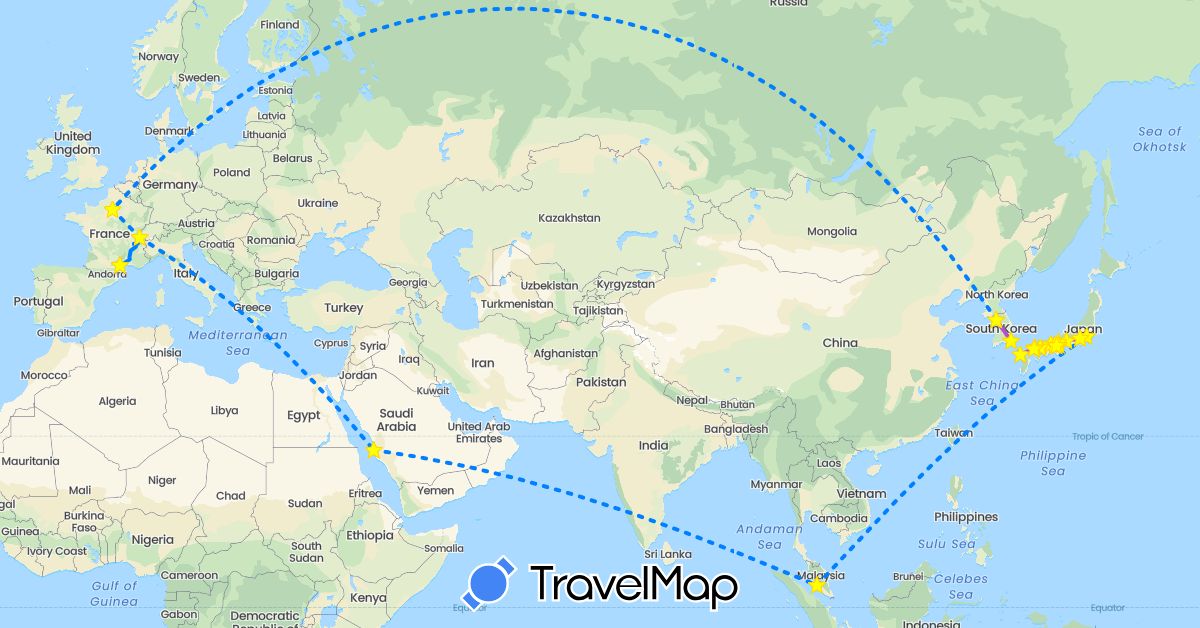 TravelMap itinerary: train, avion in Switzerland, France, Japan, South Korea, Malaysia, Saudi Arabia (Asia, Europe)