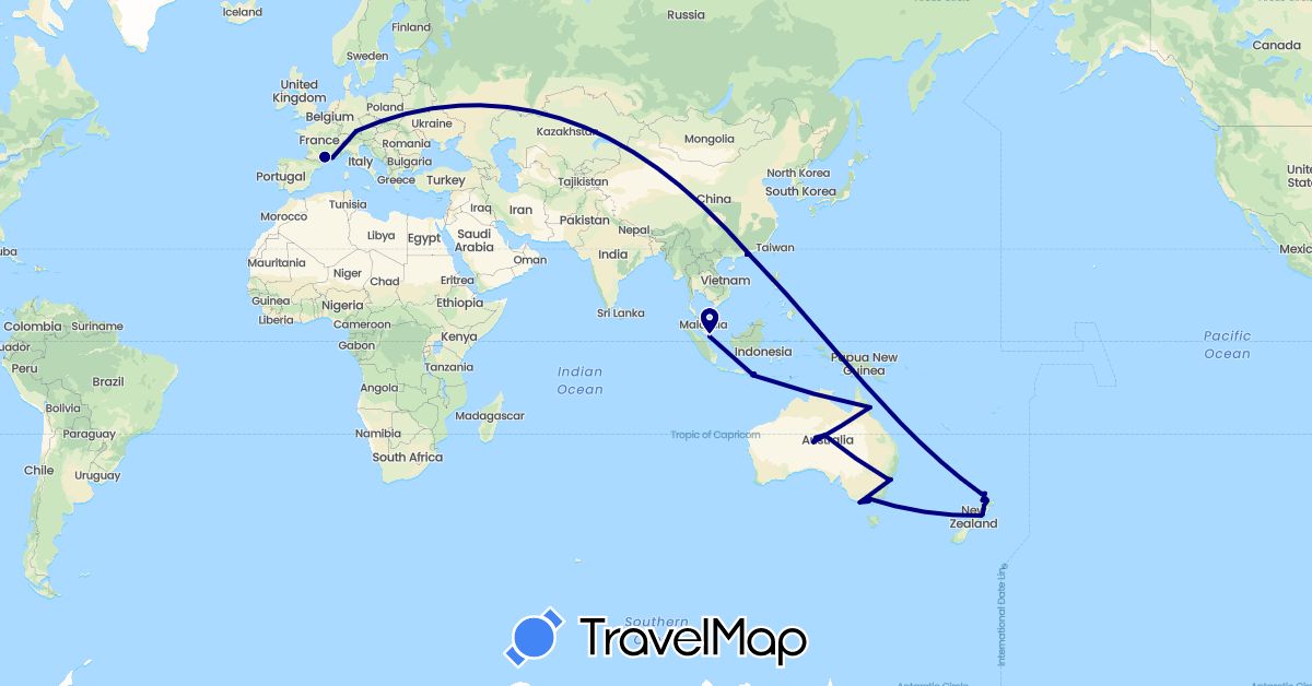 TravelMap itinerary: driving in Australia, Germany, France, Hong Kong, Indonesia, Macau, New Zealand, Singapore (Asia, Europe, Oceania)